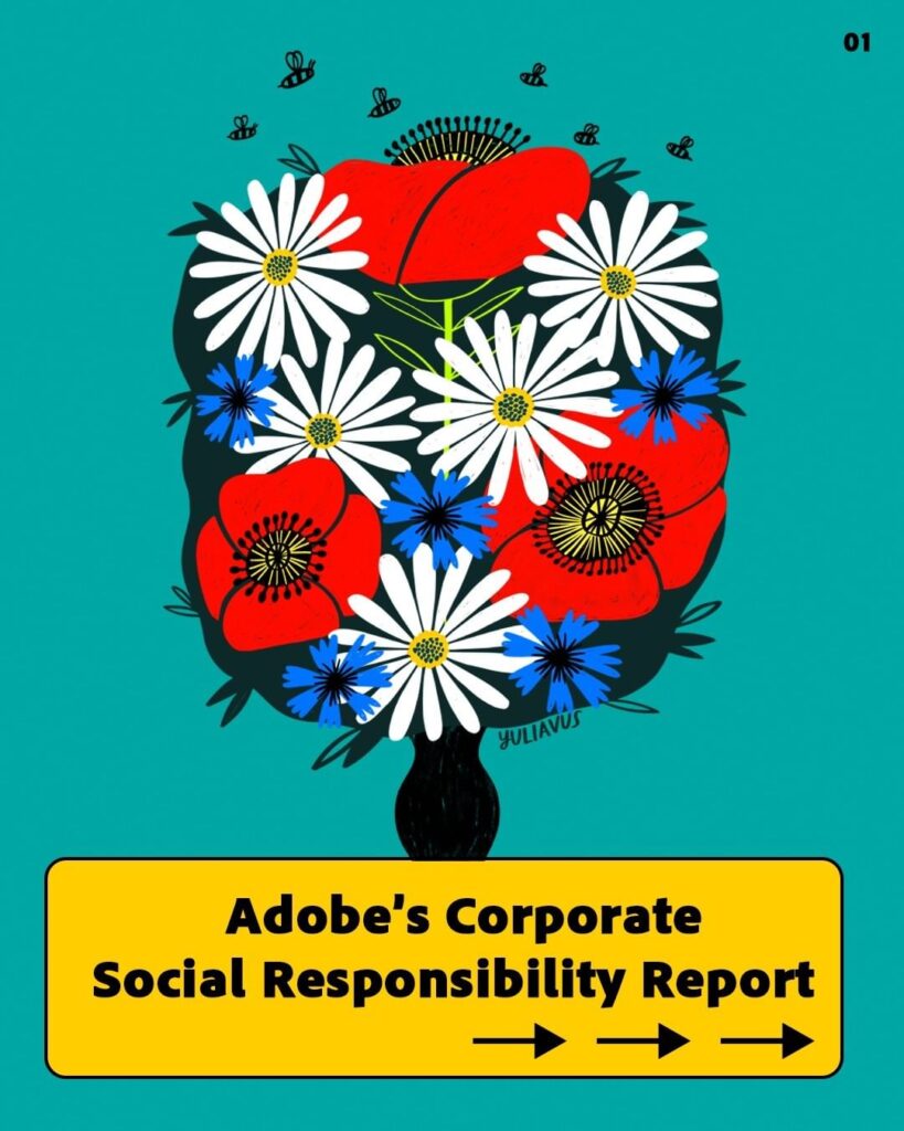 An illustration of a vase of flowers above Adobe's Corporate Social Responsibility Report