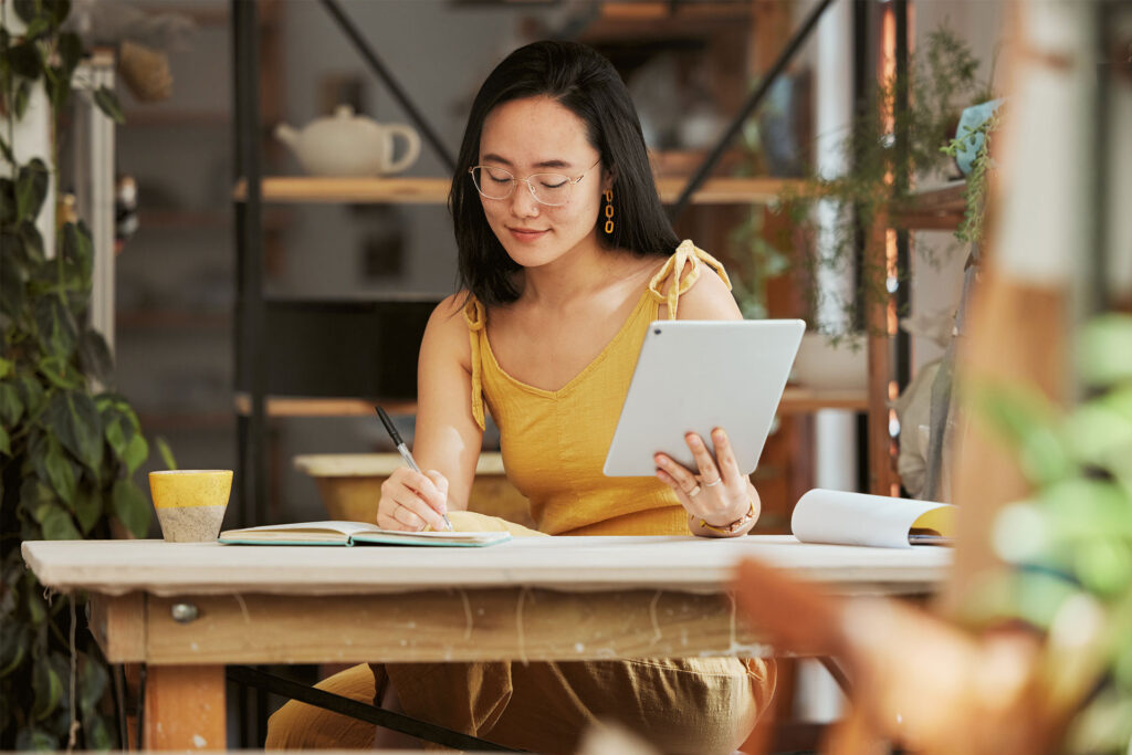 a businesswoman researching ppc bid management