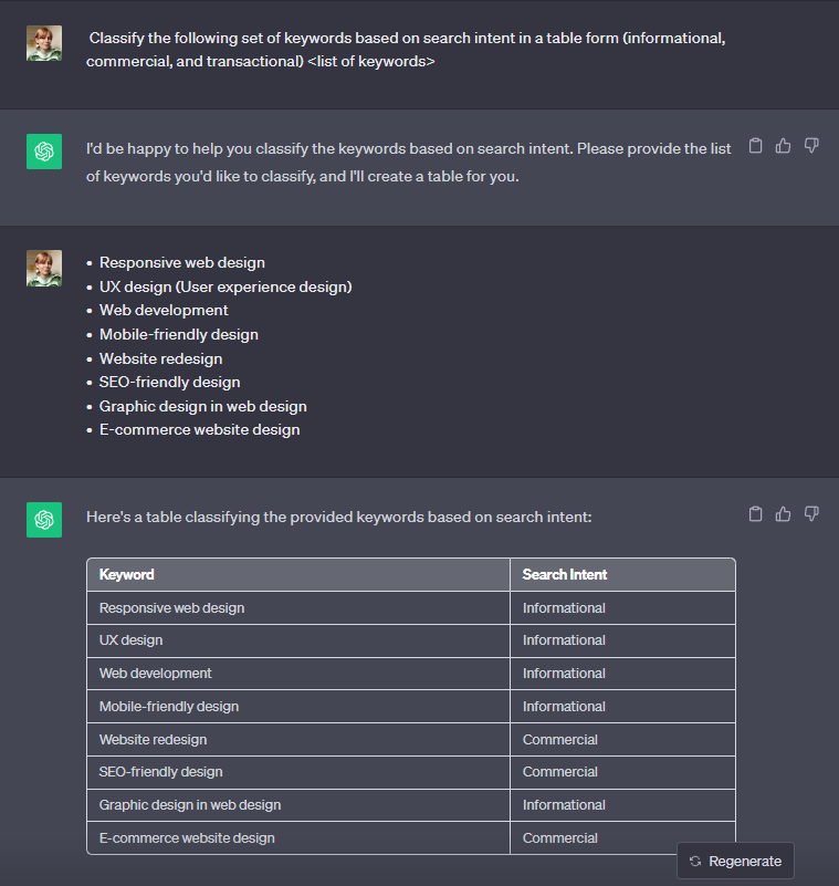 Asking ChatGPT to group keywords by search intent