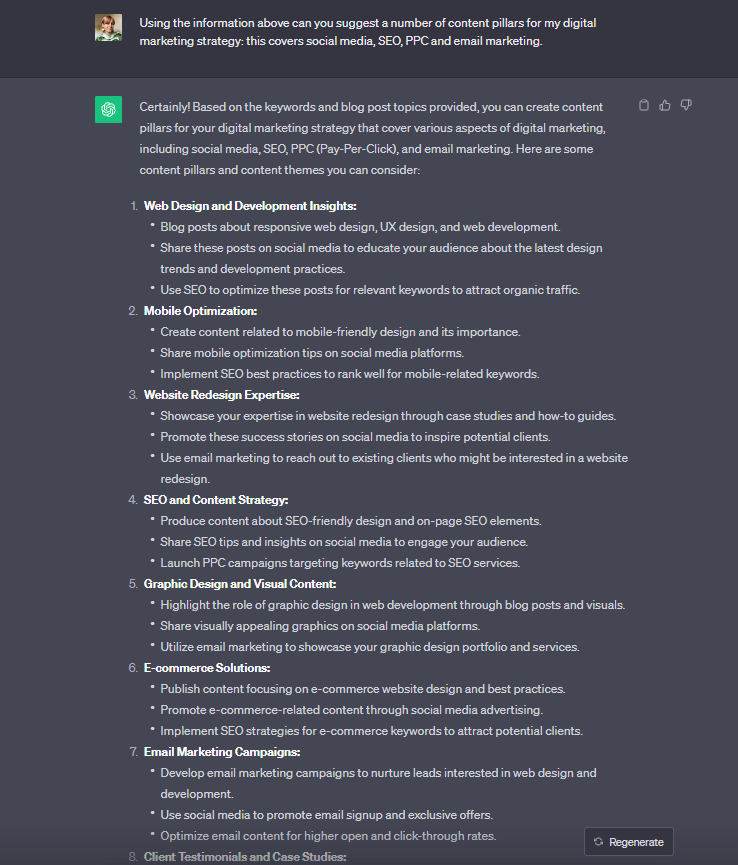 Adsking ChatGPT to create content pillars for a marketing campaign about web design