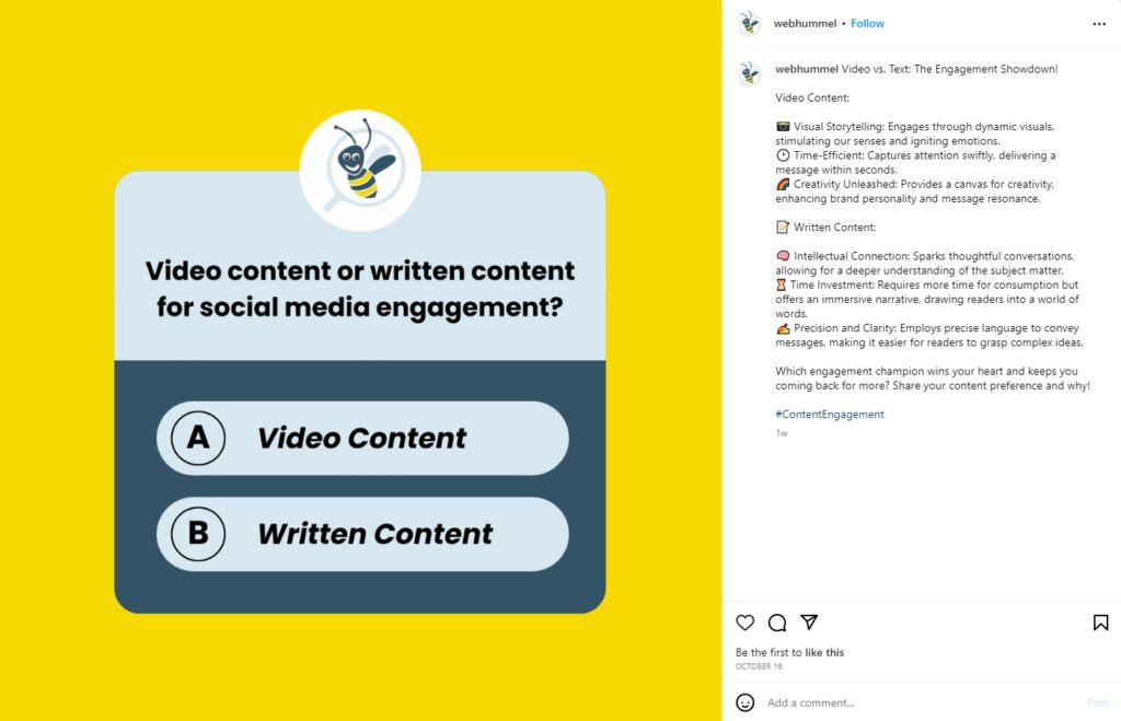 a WebHummel post that uses Instagram seo captions