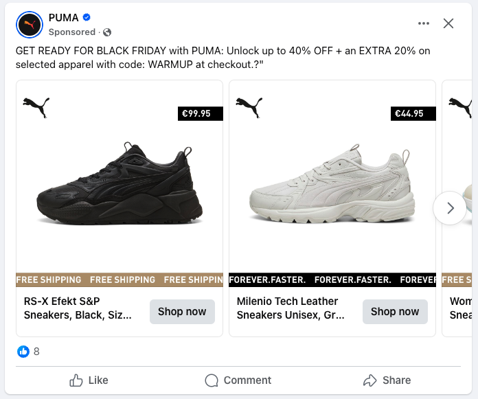 A Puma Facebook ad for Black Friday, showing two pairs of black and white trainers
