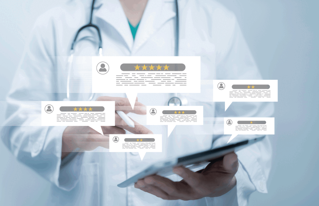 A medical professional holding a tablet with reviews.