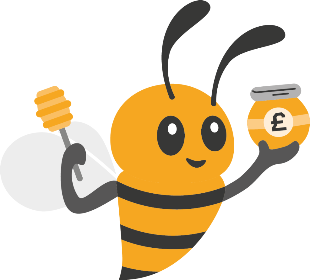 the beefound bee mascot holding a honey pot and stirrer
