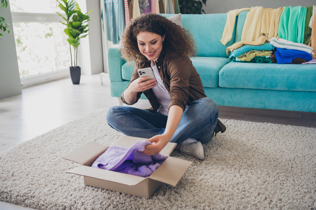 a happy customer unboxing a product and taking photos on their phone for a product review