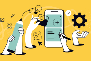 A cartoon image of various content marketing icons around a phone on a yellow background.