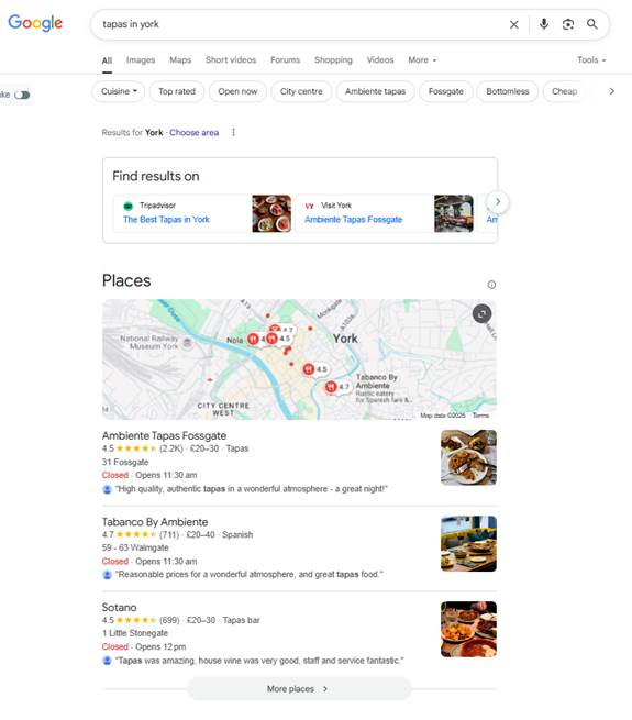 A screenshot of the search term "tapas in york" yielding results on Google maps featuring reviews of different restaurants
