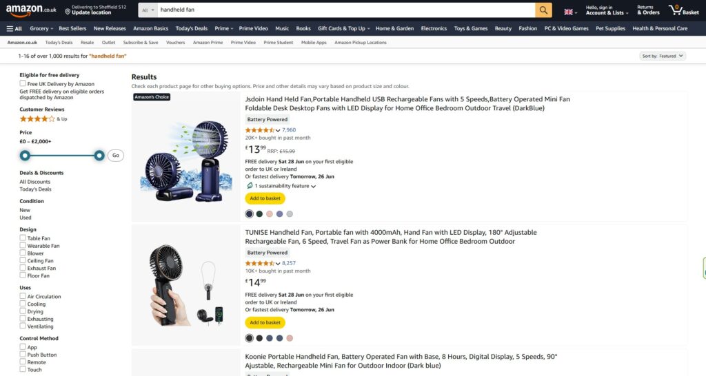 Amazons Choice listings appearing for the search handheld fan