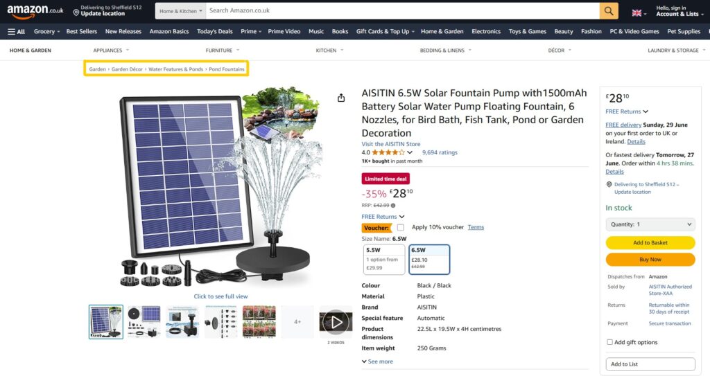An Amazon product listing for a solar power water fountain pump