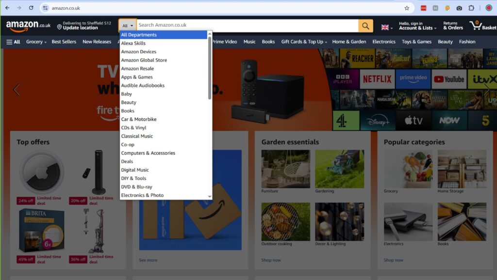 The drop down menu next to the amazon search box on the homepage
