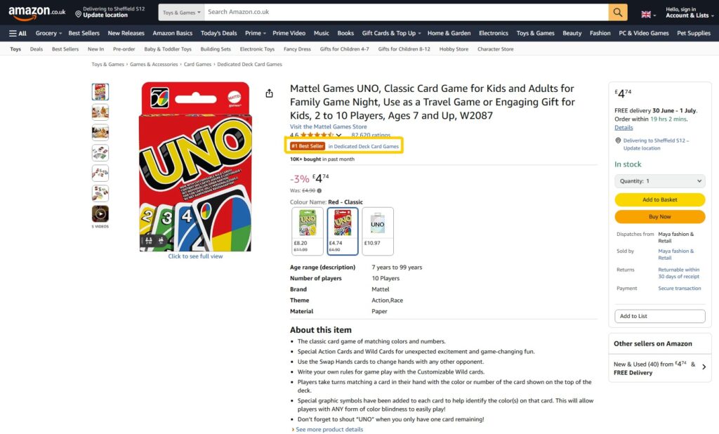 The listing of Uno the card game displaying a 1# best seller rank in the category dedicated deck card games