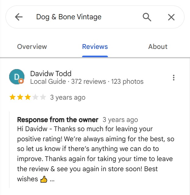 a Google review on Maps from a satisfied customer of Dog & Bone Vintage