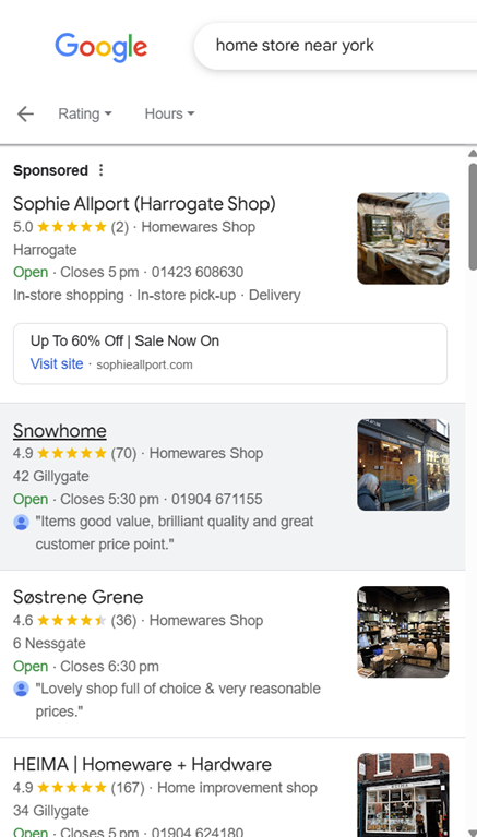A Sponsored Local Ad on Google Maps in the top position, showing the Sophie Allport Harrogate Shop & its 60% off discount
