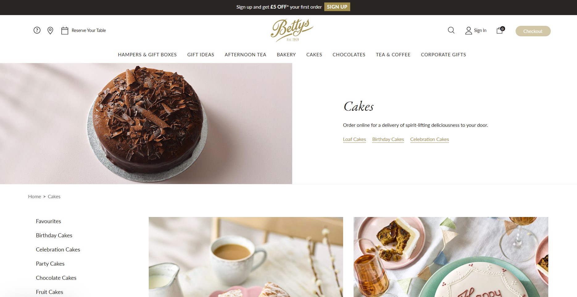 the cakes page of Betty's Cafe Tea Room website