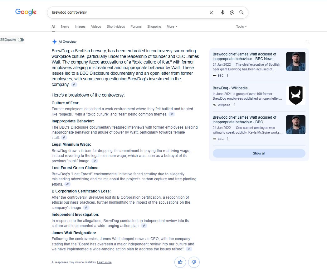 the expanded Google AI overview collating information for the search term"Brewdog controversy" , providing insights into the workplace culture discussion