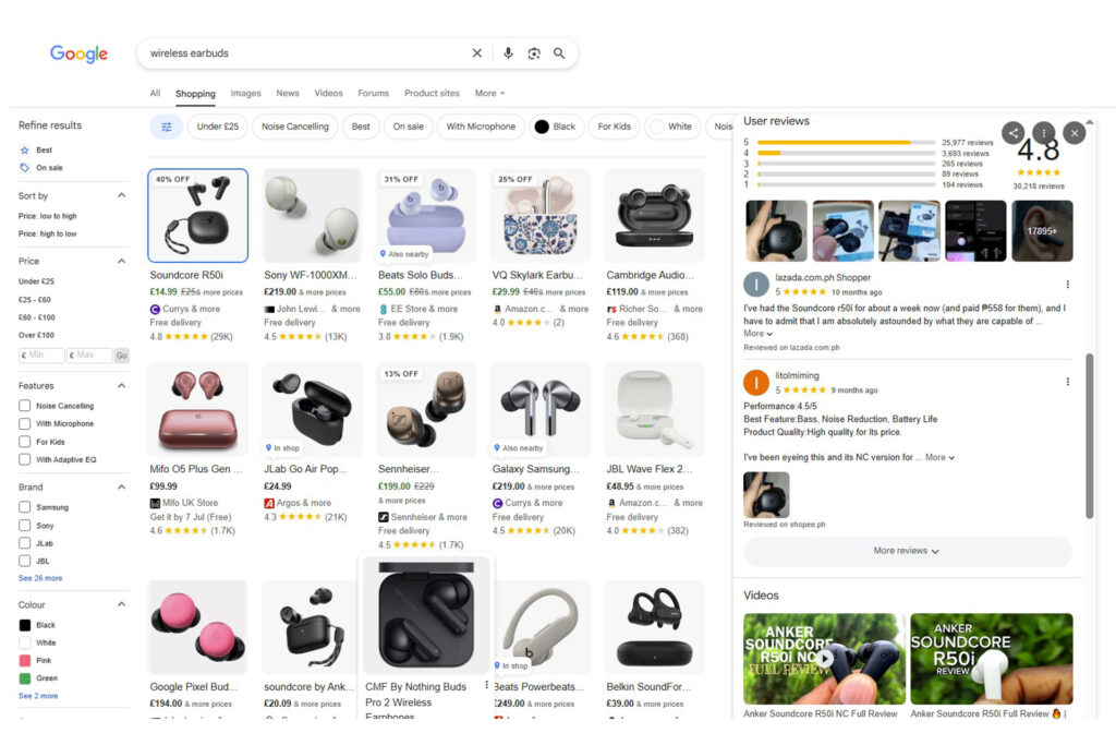 google shopping displaying the google seller reviews of the first product on the page - some black wireless earbuds