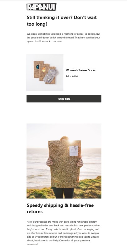 An example of a basket recovery email from Rapanui for some abandoned trainer socks