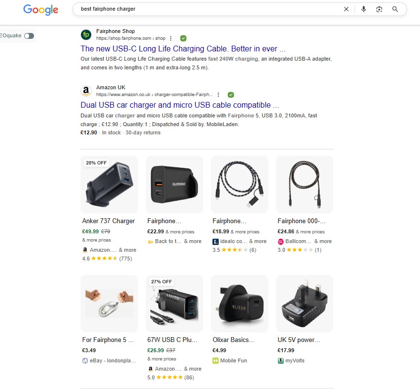 the google search results page for the query best Fairphone charger