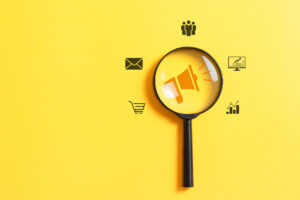 icons including a magnifying glass, email, megaphone, shopping basket and people, representing pr and seo