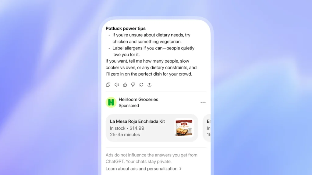 An example of a ChatGPT Ad in response to a prompt about potluck recipes